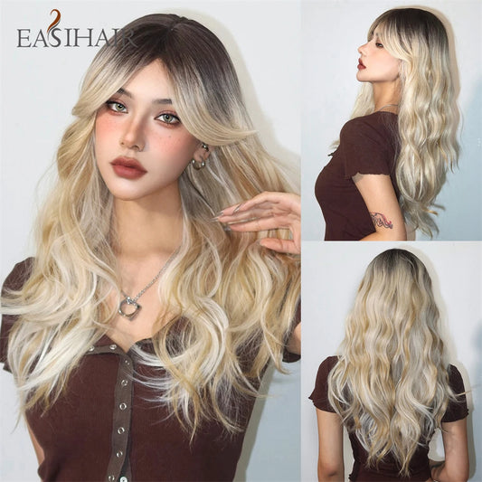 Ombre Platinum Blonde Synthetic Wig with Bangs Medium Length Layered Wigs for Women Natural Cosplay Party Hair Heat Resistant
