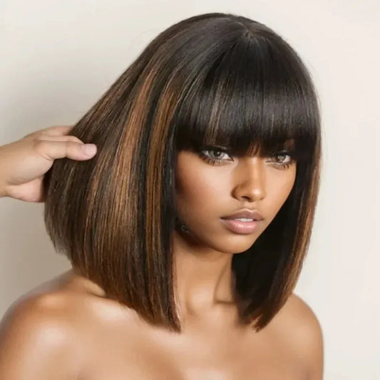 Put On and Go Realistic Yaki Straight Short Bob with Bangs Minimalist 3X1 Lace Wig 100% Human Hair Brown Highlight For Women