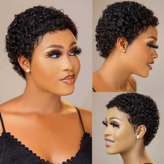 Short Kinky Curly Wigs Human Hair Machine Made Pixie Cut Wigs Brazilian Human Hair For Women Natural Black Curly Human Hair Wigs