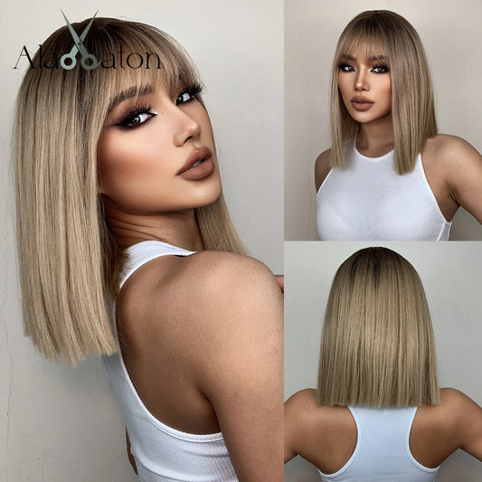 ALAN EATON Layered Synthetic Wigs with Bangs Straight Short Highlights Blonde Hair Wig with for Women Natural Daily Cosplay Wigs