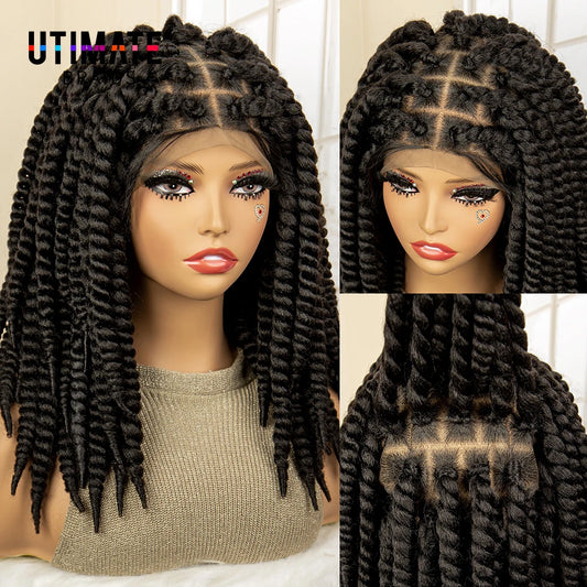 Synthetic Twisted Braided Wigs for Black Women Full Lace Synthetic Braided Wigs Brown Bob Wig Knotless 16 Inch