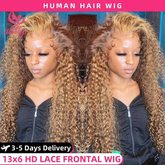 HD 13x6 Highlight Wig Human Hair Honey Blonde Brown Lace Front Wigs Deep Curly Human Hair Wig Water Wave 13x4 Lace Frontal Wig