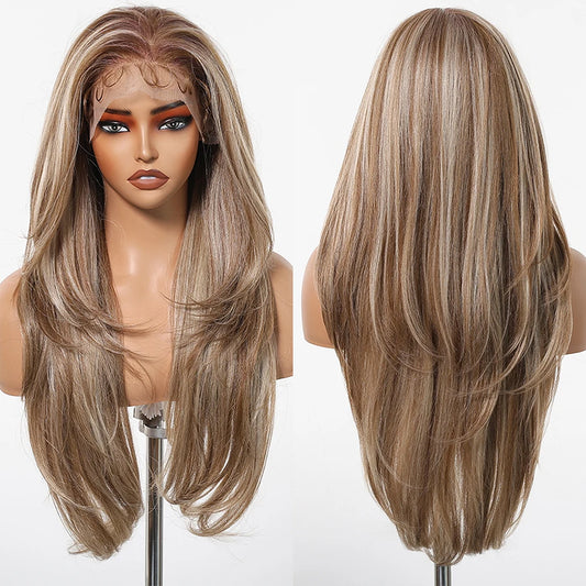 Long Straight Afro 13*6  Transparent Lace Frontal Synthetic Wigs Preplucked Brown Blonde Highlight Mixed Wig for Black Women Wig