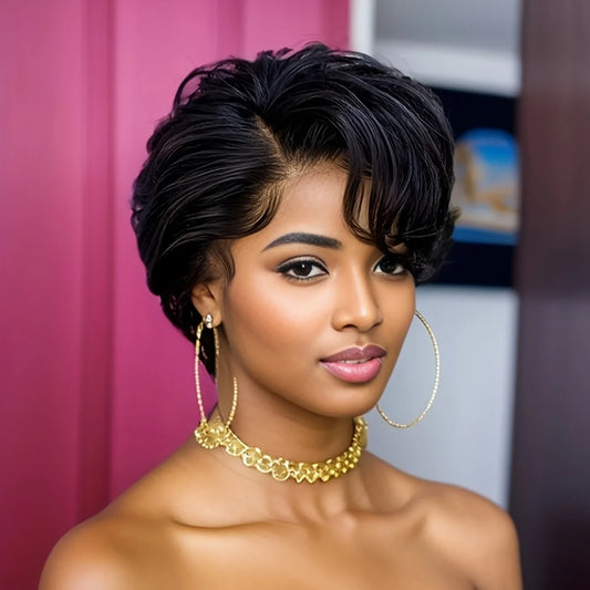 6inch 150% density 13x1 T part lace natural black color pixie cut human hair wigs for women short curly  daily party cosplay use