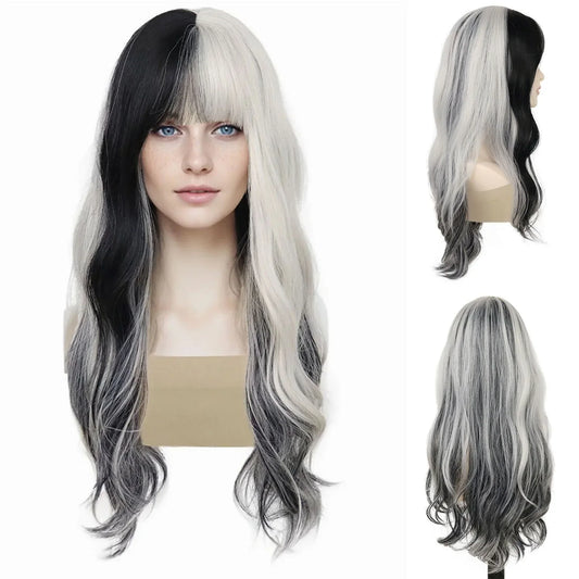 Synthetic Hair Long Curly Wigs for White Women 26 Inches Wavy Long Wig with Bangs Drag Queen Grey Wigs Model Natural Hairstyles