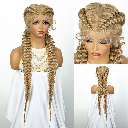 1B/30 Dark Brown Synthetic Lace Frontal Dutch Box Braided Wigs for Black Women Fishtail Braids Wigs with Baby Hair Cornrow Wigs