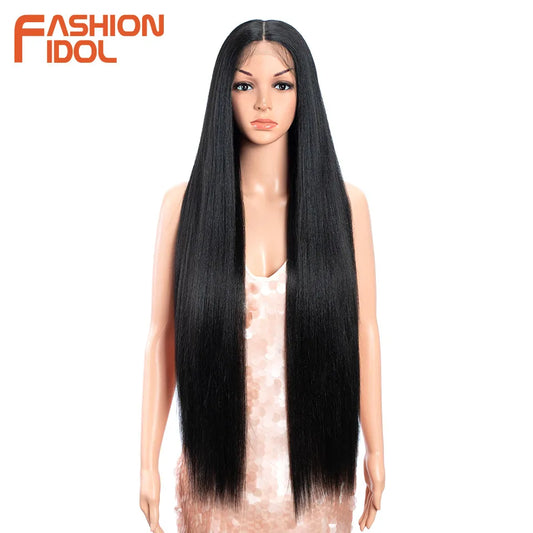 FASHION IDOL Lace Front Wig Synthetic 36 Inches Long Kinky Straight Wig Ombre Pink Cosplay Wigs For Women Party Daily Fake Hair