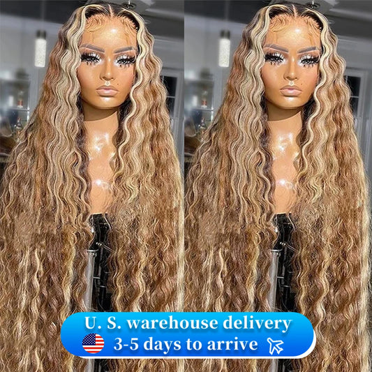 250 Density 30 40 Inch Highlight Ombre Deep Wave HD Lace Front Wig Colored Curly Human Hair Wig 13x6 Lace Frontal Wigs For Women