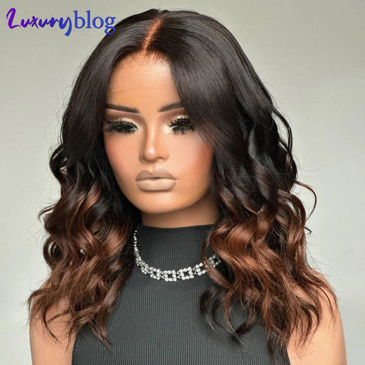 Ombre Brown Shoulder Length Human Hair Bob Wigs for Women Short Wavy 13x4 Lace Front Wig 16inch Pre Plucked Glueless Wig