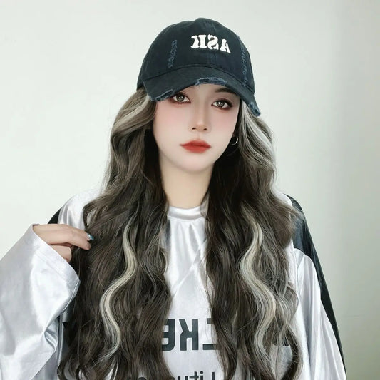 Long Straight Hat Wig for Women Natural Brown Wigs Connect Synthetic Baseball Cap Highlight Hair Hat Wig Adjustable Fake Hair