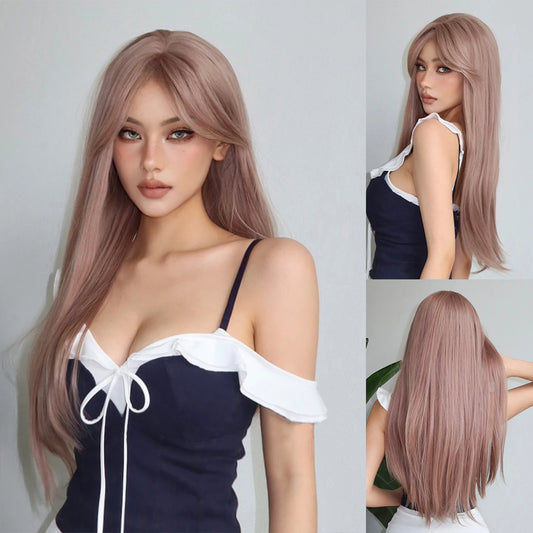 Long Straight Layered Synthetic Wig Ash Blond highlights with Bang for Women Christmas Party Daily Use Heat Resistant Fiber