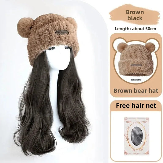 Women's Integrated Long Hair Wig Hat Autumn Winter New Popular Bear Ear Cap Full Head Cover Natural Looking Fiber Hair Extension