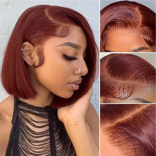 Reddish Brown Bob Human Hair Wig 13x4 Transparent Short Straight Lace Front Wigs Human Hair Pre Plucked #33 Bob Wigs for Women