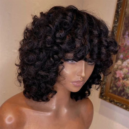 Fumi Curly Human Hair Wigs Fringe Wig Pixie Cut Rose Curly Cheap Full Machine Wigs Egg Curl Short Bob Wig With Bangs 300 Density