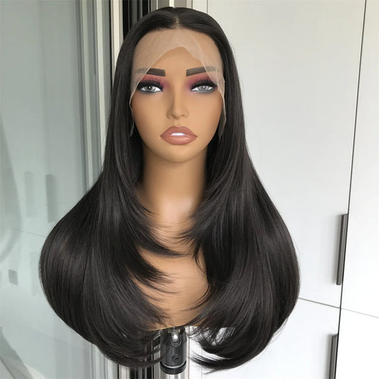 Highlight Blonde Layered Wig Synthetic Lace Front Wig for Women Straight Chocolate Brown Colored Pre Plucked Lace Wig Black