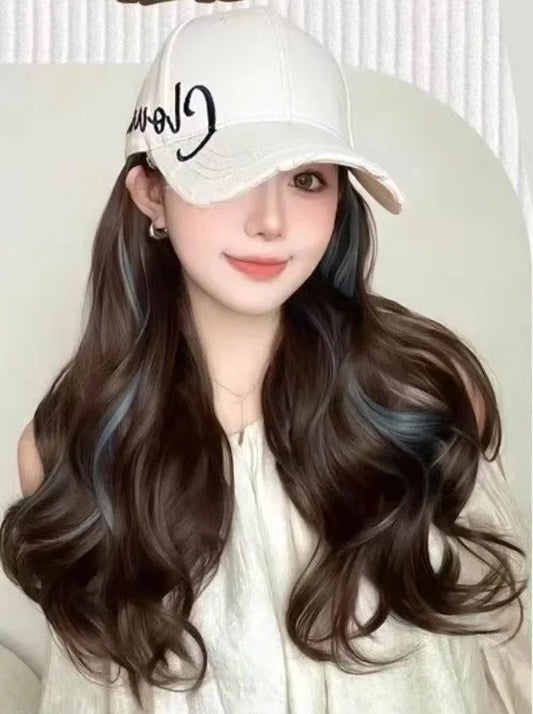 Korean Style Hat Wig Integrated Romantic Casual Face Slimming Long Curling Natural Comfortable Hair for Women