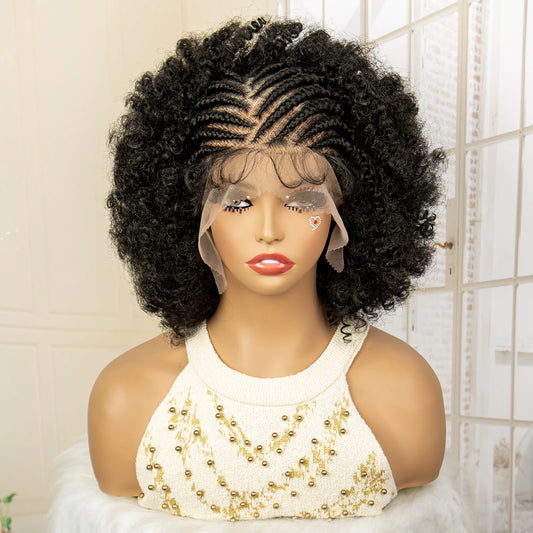 Full Lace Afro Braided Wig for Women African Wig Cornrow Braids Lace Wig with Baby Hair 8 Inch Short Kinky Curly Braid Wigs