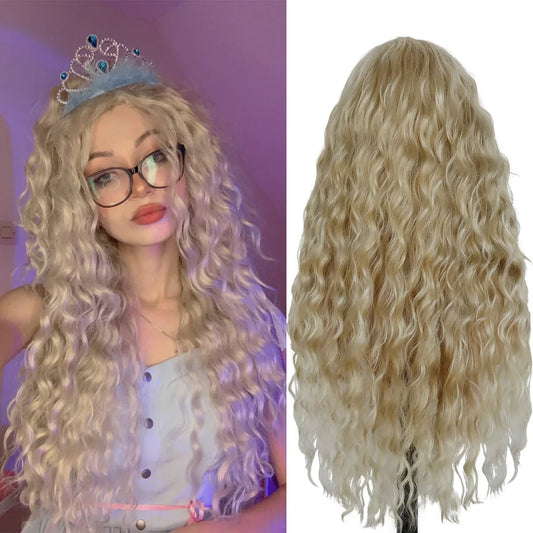 Synthetic 28 inches Long Blonde Curly Wig for Women Fluffy Wavy Wavy Wigs Natural Hair Replacement Cosplay Costume Wig