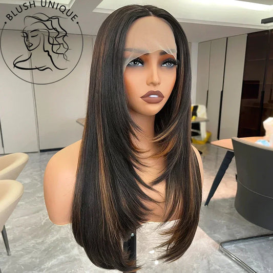 Reddish Brown Straight Layered Lace Front Wigs For Women Copper Red Pre Plucked Lace Frontal Wig Layers Glueless Synthetic Wig