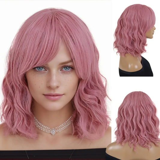 Natural Synthetic Hair Pink Short Wavy Wig for Women Curly Wigs with Bangs Water Wave Girls Cosplay Party Halloween Costume Wig
