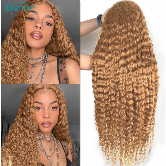 Brazilian Human Hair Wig 4x4 Transparent Lace Closure Honey Blonde Curly Pre Plucked Wigs for Women  Hair Extension 180% Density