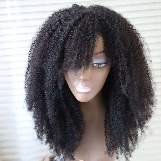 Afro Kinky Curly Virgin Brazilian Human Hair Machine Made Sew Wig with Bang  Curls Human Hair Wig for Black Women