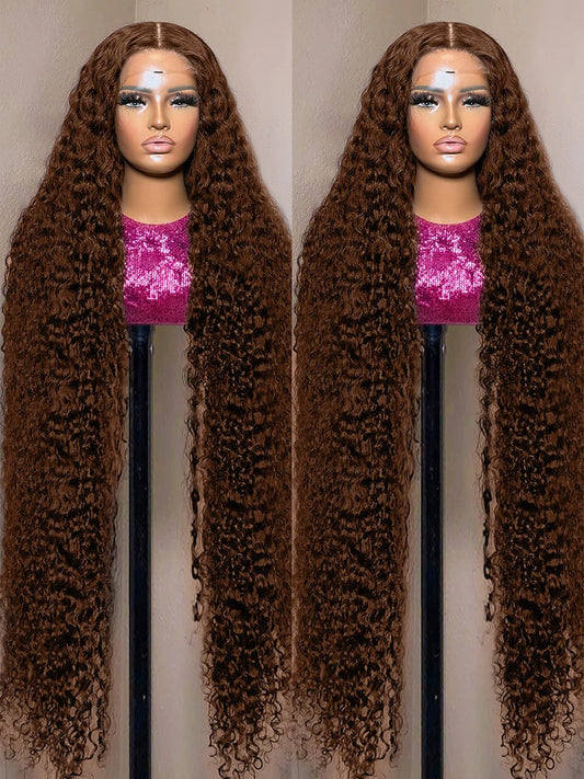 Chocolate Brown Water Curly Wigs 13x4 13x6 HD Lace Frontal Wig 40 42Inch Deep Wave Colored Human Hair Wigs For Women 250 Density