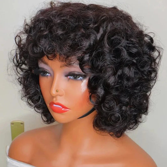 330% Density Brazilian Egg Curl Pixie Cut Wig Human Hair With Bangs Water Wave Short Bob Wig For Women Preplucked Local Delivery