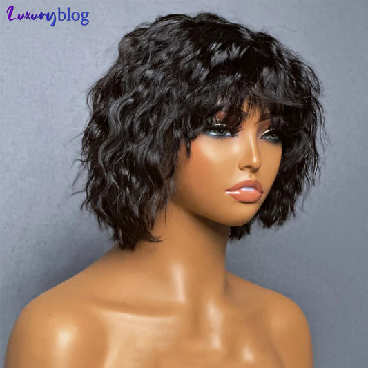 Water Wavy Short BoB Human Hair Wigs Pixie Cut 13x4 Lace Front Wigs with Bangs Pre Plucked Brazilian Hair Curly Wig for Women