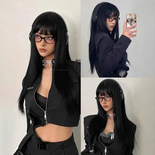 24 "black synthetic wig with straight bangs long straight wig for Halloween cosplay daily wear a high temperature silk wig
