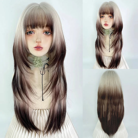 Synthetic Long Layered Ombre Beige Brown Hime cut Wig with Bangs Jellyfish head Fluffy Women Lolita Cosplay Wig for Daily Party