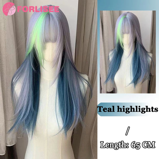 FORLISEE Ombre Black Pink Synthetic Wigs For Cosplay Long Straight Layered Wigs With Bangs For Women Heat Resistant Fake Hair