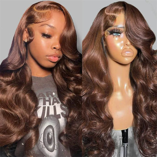 HD 13x6 Chocolate Brown Body Wave Lace Front Wig 30 34 Inch Lace Frontal Wig 100% Human Hair Pre Plucked Colored Human Hair Wig