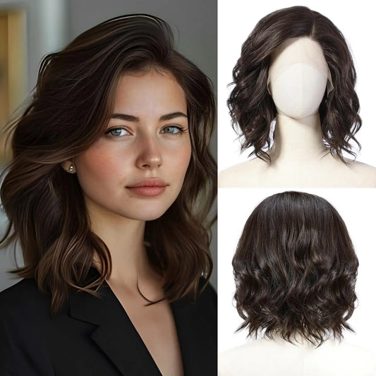 Short Wavy Synthetic Wig Ombre Blonde Layered Hair Side Part Lace Front Bob Wig 14 Inch Shoulder Length Heat Resistant Fiber
