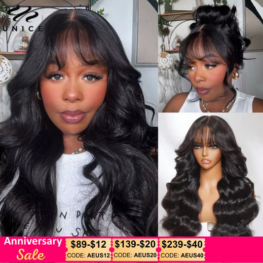 Unice Hair Pre Cut Pre Bleached 7x5 Loose Wave Wig With Bangs Wear Go Glueless Wig Pre Plucked Lace Front Human Hair Wig