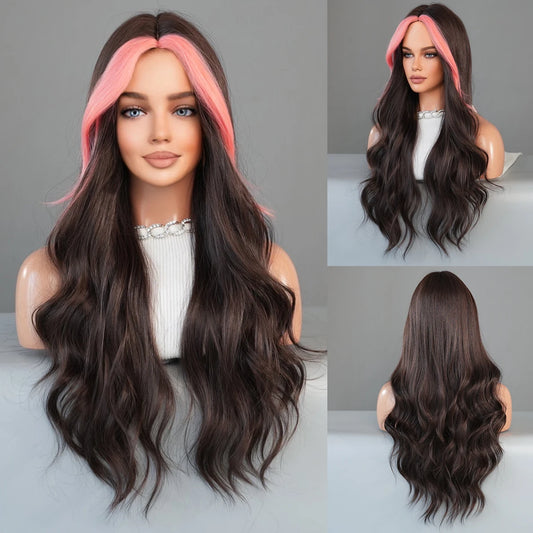 PARK YUN Costume Wig Long Wavy Brown Wig For Women Daily Party Dark Roots Synthetic Blonde Highlight Wigs High Density With Bang