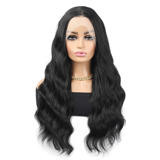 13×4 Transparent Lace Wig Long Ocean Wave Black Synthetic Lace Wig for Women Natural Hairline Heat Resistant wigs