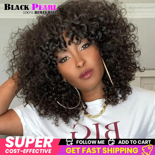Black Pearl Curly Wigs Perruques Cheveux Humains Fringe Wig Jerry Curly Wig With Bangs Human Hair Short Pixie Cut Wigs Human Hai
