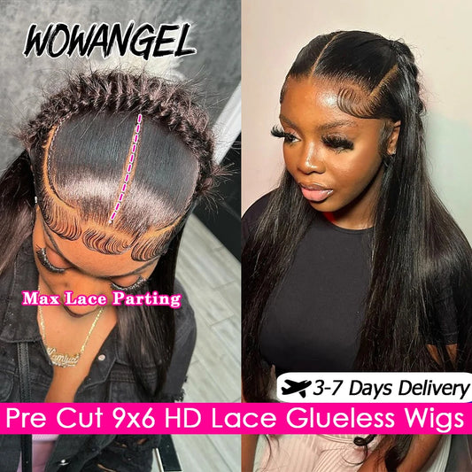 Wow Angel 9x6 HD Lace Closure Glueless Wigs 250% Straight Wigs Pre Cut Lace Ready To Wear Human Hair Wigs Pre Plucked Melt Skins
