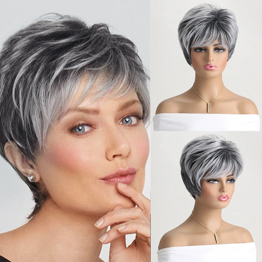 Short Natural Wigs with Bangs Soft Mommy Hair Daily Use Short  Grey Ombre Curly Synthetic Hair Costume Party Wig for Women