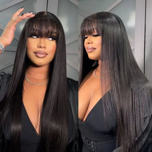 Chocolate Brown Layered Straight Wigs with Bangs Synthetic Layered Cut 3X1 Lace Glueless Wig 4# Brown Color 180% Density