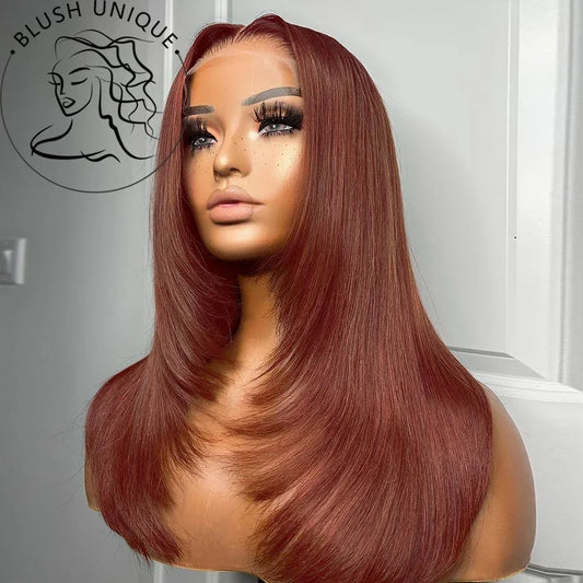 Reddish Brown Straight Lace Front Wigs Layered Cut Wig Glueless Layered Lace Wigs Synthetic Butterfly Haircut Natural Hairline