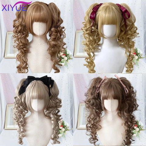 Synthetic Princess Cut Double ponytail Lolita Wig with Bangs Girl Ombre Blonde brown White gray Cosplay Halloween Harajuku wig