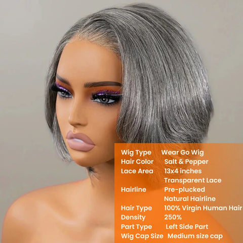 Pixie Cut Human Hair Wigs Salt And Pepper Wigs Short Bob Human Hair Wigs Wear&Go Glueless 5x5 Lace Closure Wigs Brazilian Wavy