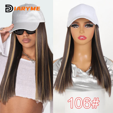 Baseball cap wig Synthetic Wigs With White Black Hat Long Straight Hair Wigs For Women connect Hat One Piece Wig Hat adjustable