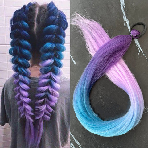 Synthetic 28Inch Long Straight Ponytail Purple DIY Braided Ponytail With Rubber Band Halloween Hair Accessories For Woman