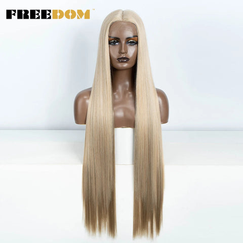 FREEDOM Straight Synthetic Lace Front Wig For Women 38 Inch Long Ombre Brown Red Blonde Hightlight Lace Frontal Wigs Cosplay Wig