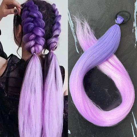 Synthetic 28Inch Long Straight Ponytail Purple DIY Braided Ponytail With Rubber Band Halloween Hair Accessories For Woman