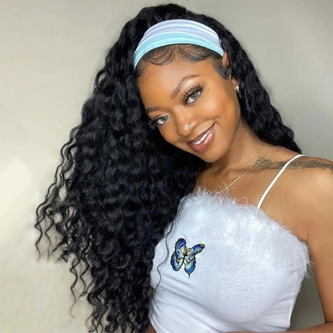 Headband Wig Human Hair Wigs 22 Inch Wear and Go Glueless Wig Curly Deep Wave Headband Wig Natural Color