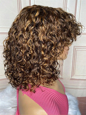 Jerry Curly Short Pixie Bob Cut Human Hair Wigs With Bang Honey Blonde Ombre Color For Black Women Remy Hair Full Machine Made